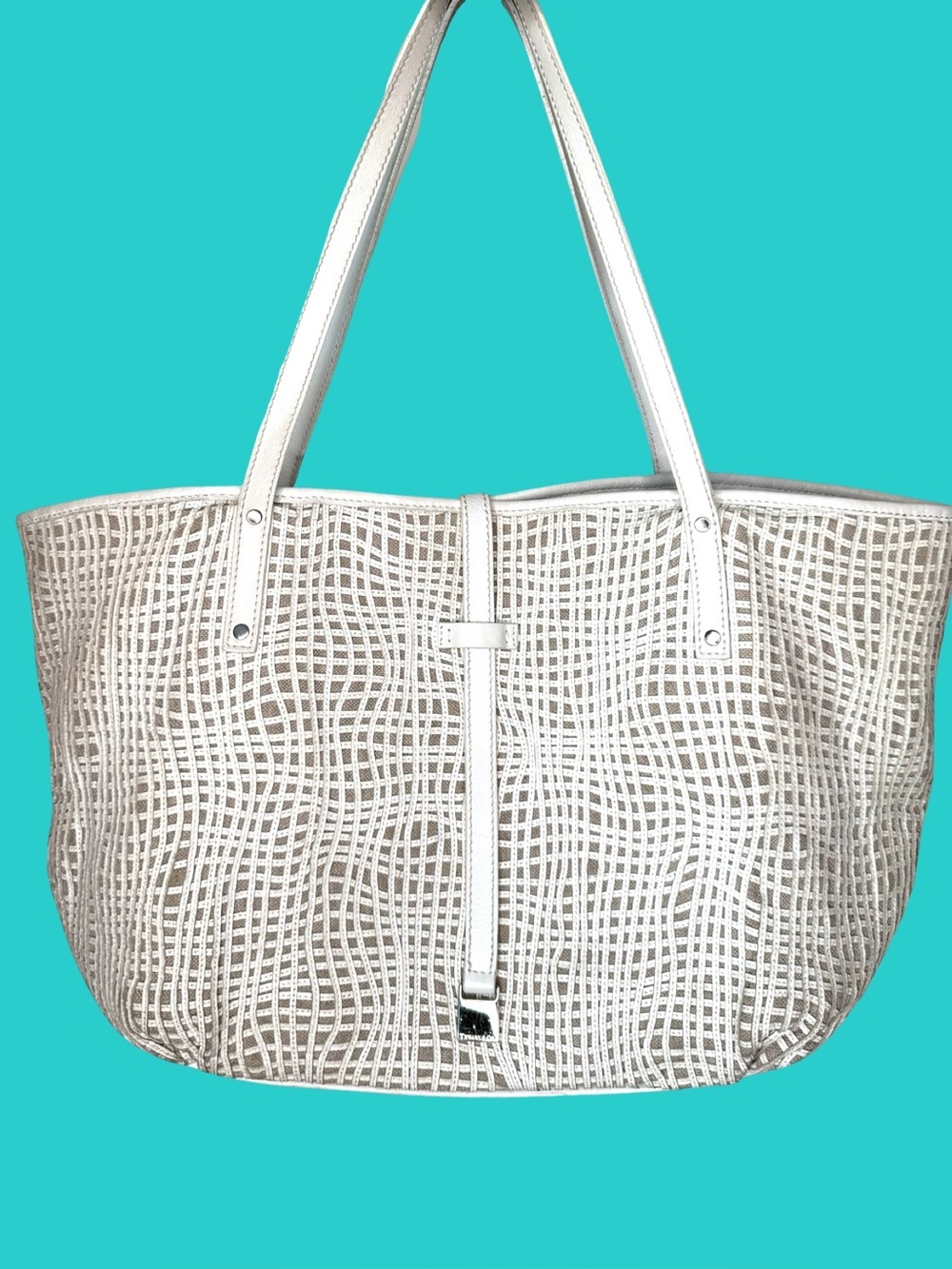 RARE TIFFANY & CO. White Leather Lattice Tote Lined in Tiffany Blue w/Dust Bag
